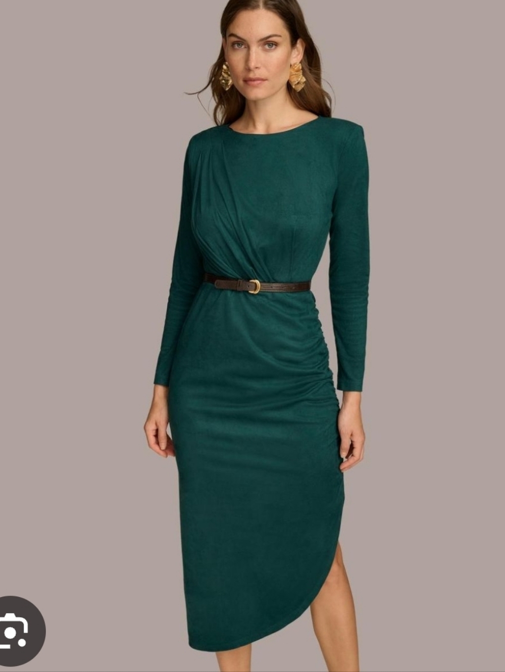 Donna Karan New York Teal Draped Dress Sz 16 Long Sleeve Belted Midi Sheath NWT - Picture 3 of 13